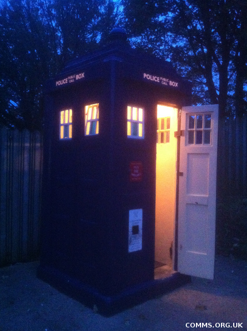 A police box, Tardis-style, at the National Telephone Kiosk Collection, Avoncroft