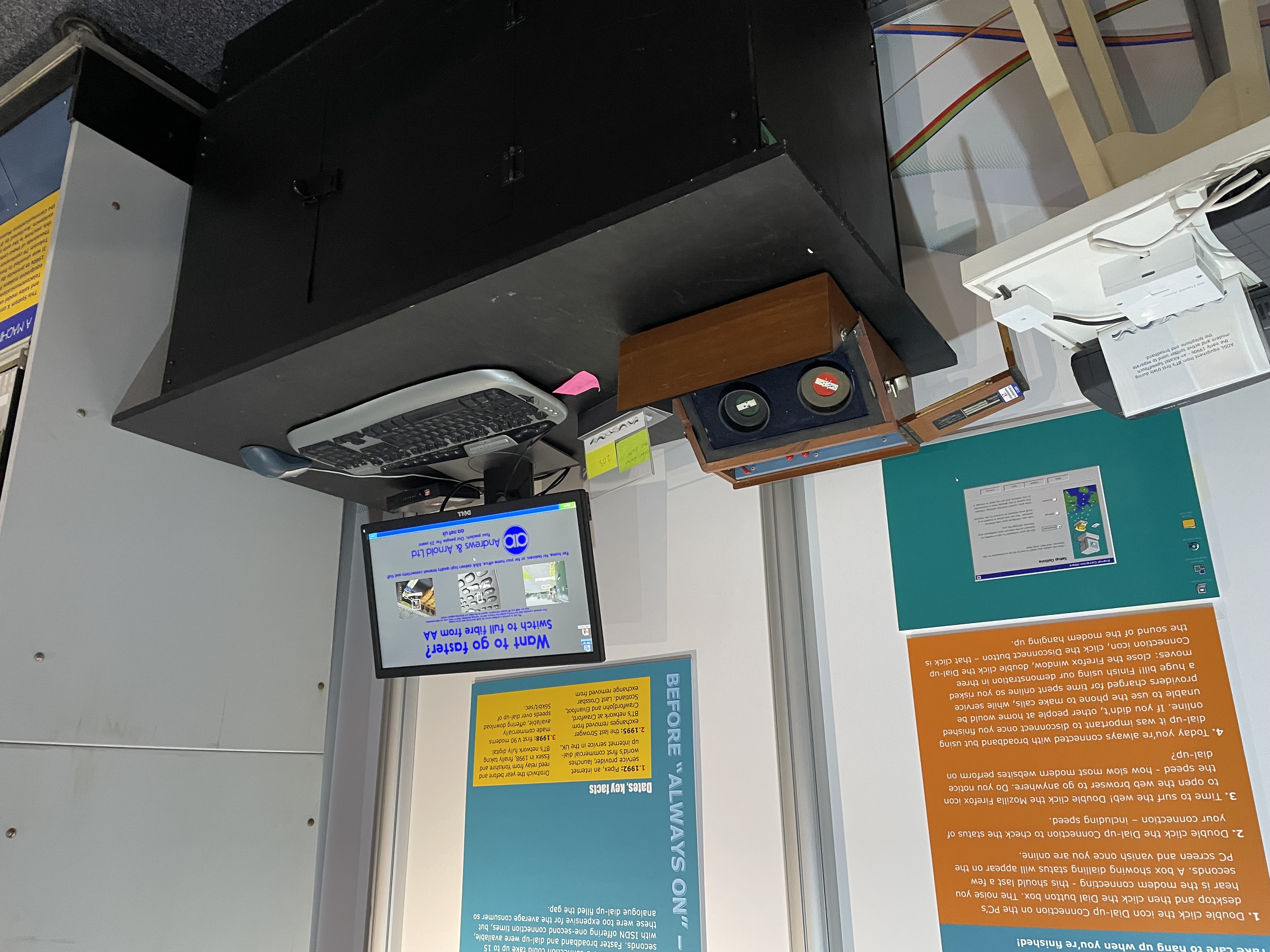 1990s PC and modem set up for a dial-up internet demonstration