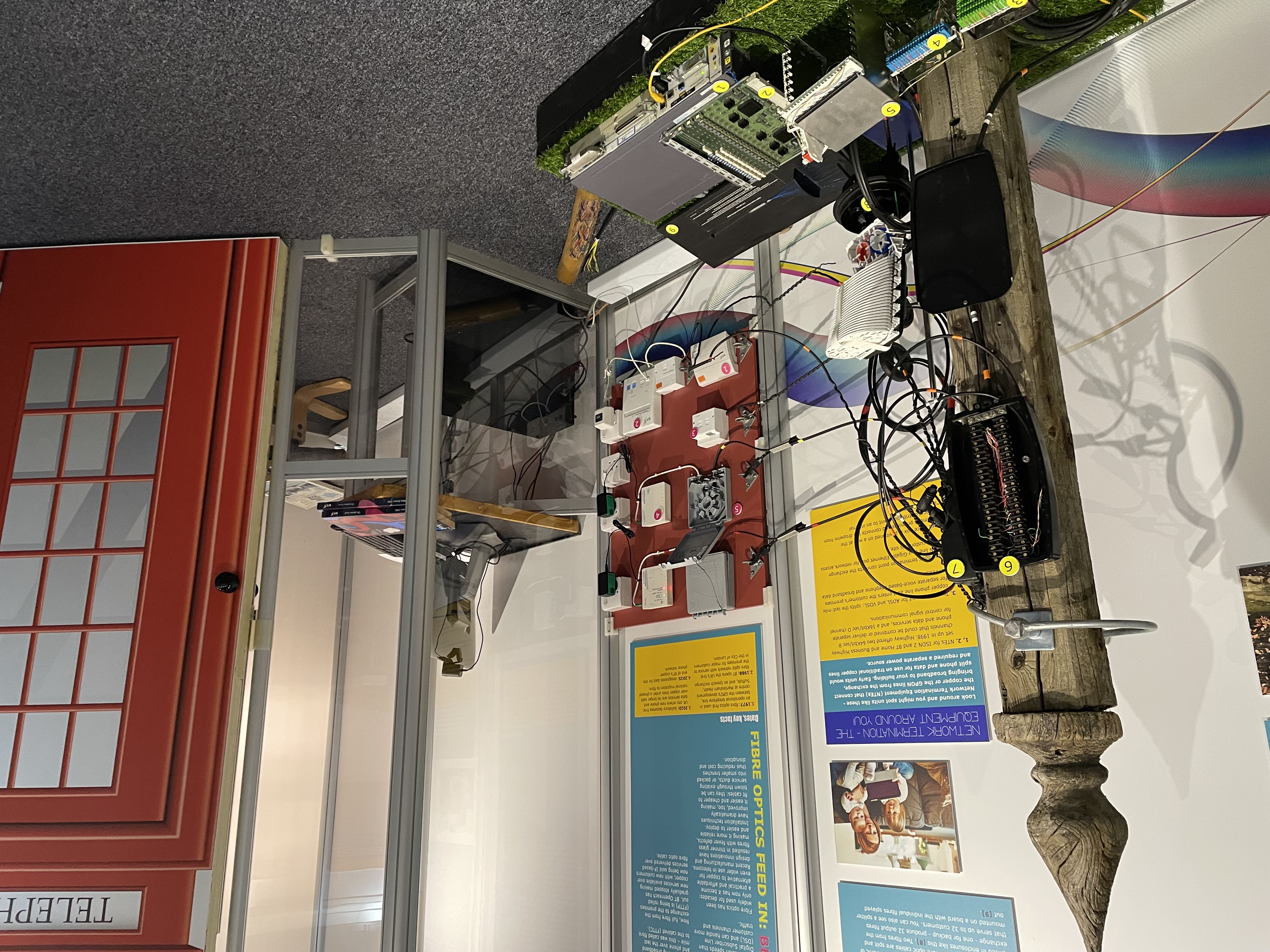 Recreated telegraph pole and green cabinet showing fibre last-mile connection equipment