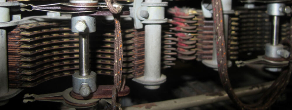 Close-up of a Strowger switch selector mechanism