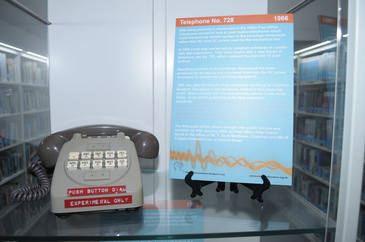 Telephone No. 728 push-button trial phone, 1966, on display at The Hive